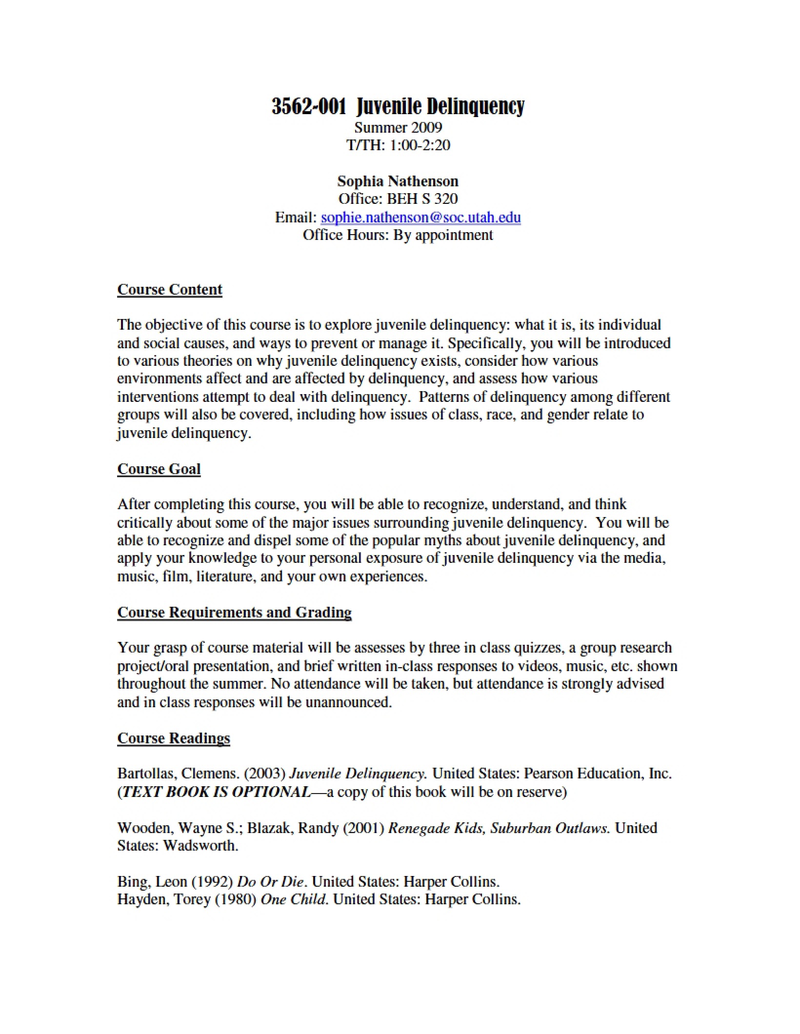 Syllabus for Juvenile Delinquency Course