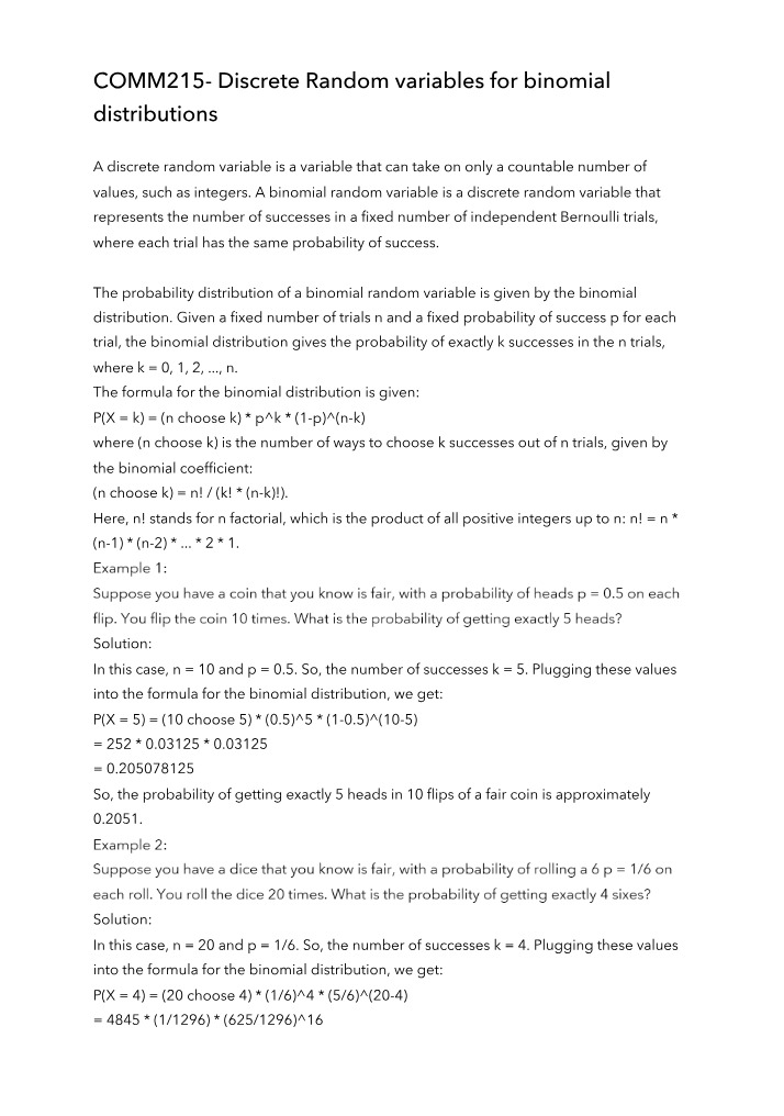 Discrete Random Variables and the Binomial Distribution