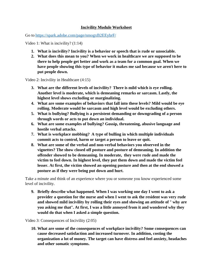 Worksheet for Incivility Module