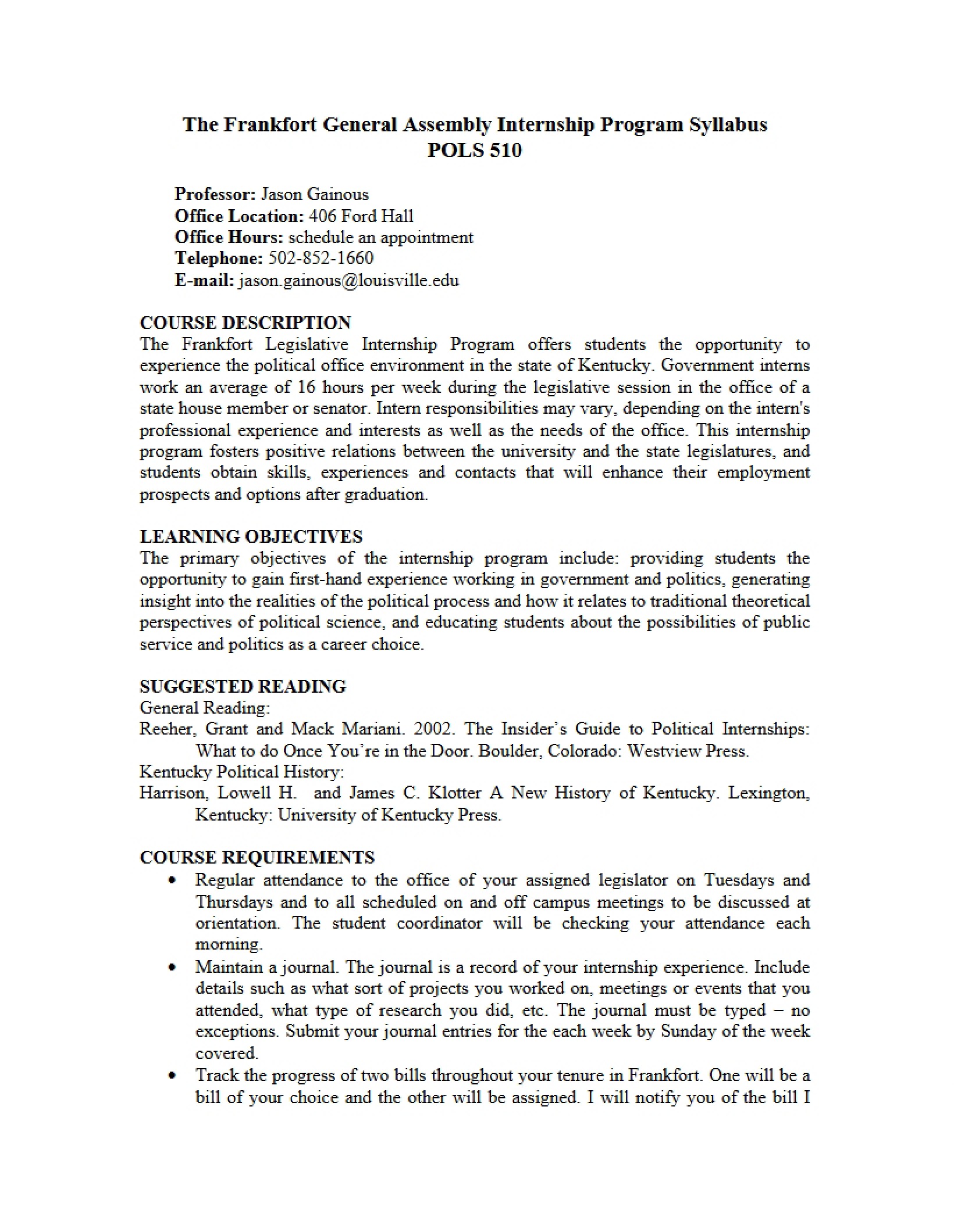 Syllabus for Internship Program
