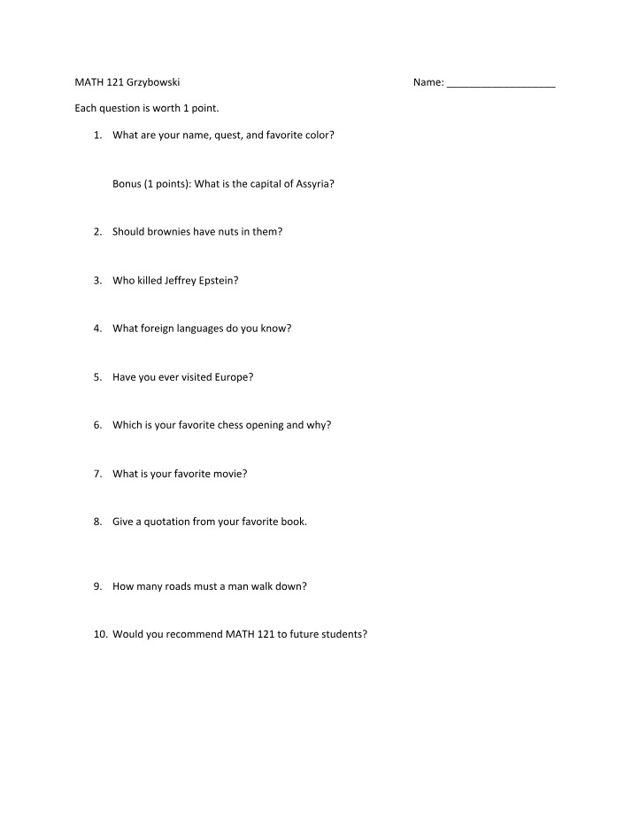 Final Worksheet for MATH 121