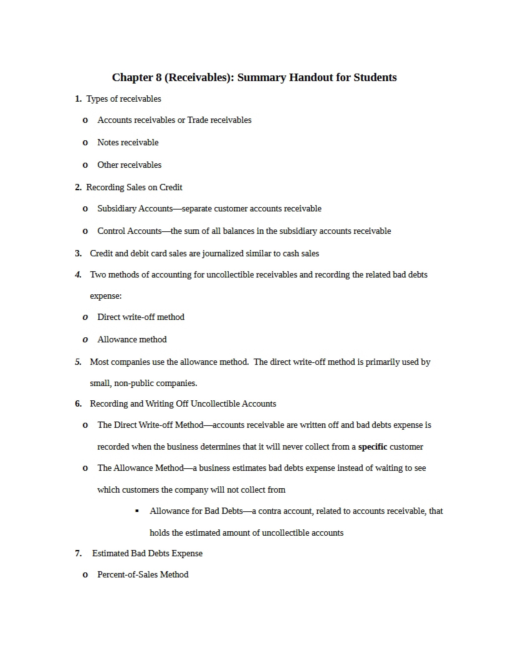Receivables Handout Chapter Eight