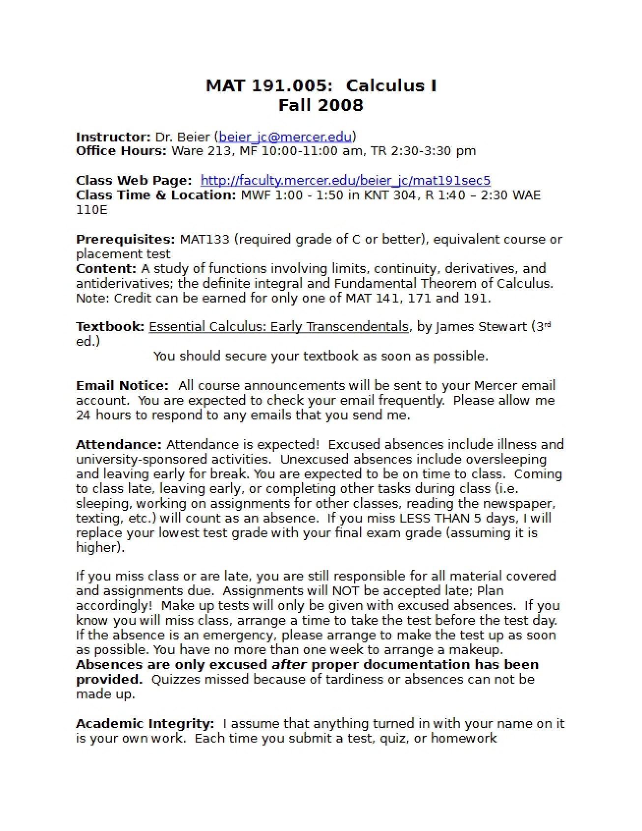 Syllabus for Calculus I