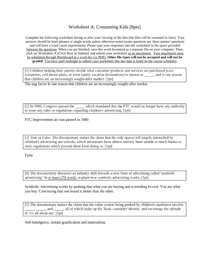 Worksheet for Consuming Kids