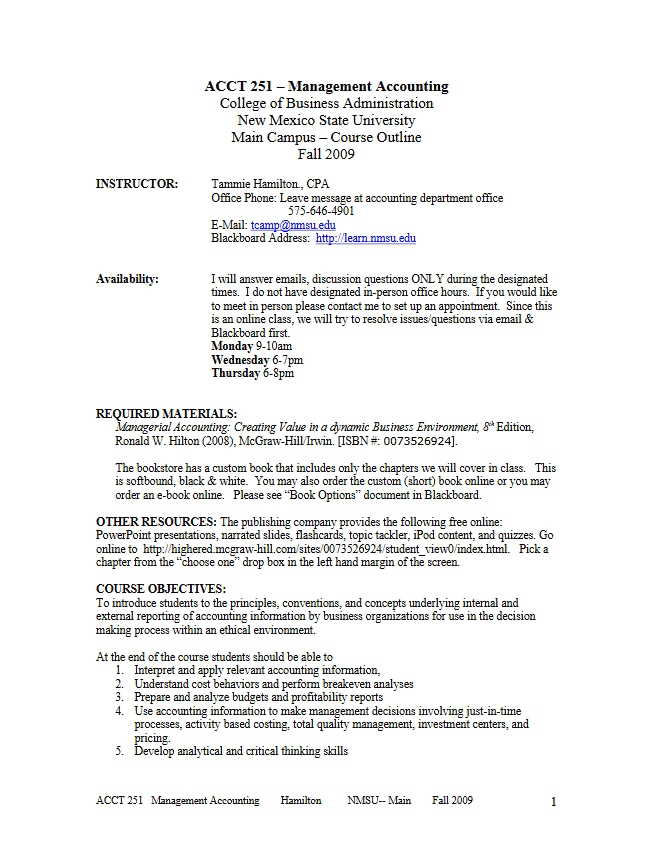 Management Accounting Syllabus - Fall 2009 - Tammie Hamilton