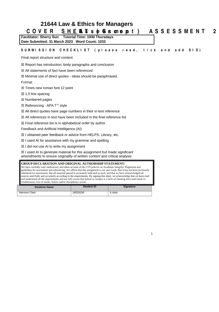 Assessment 2 - Valid Offers and Acceptance in Law and Ethics