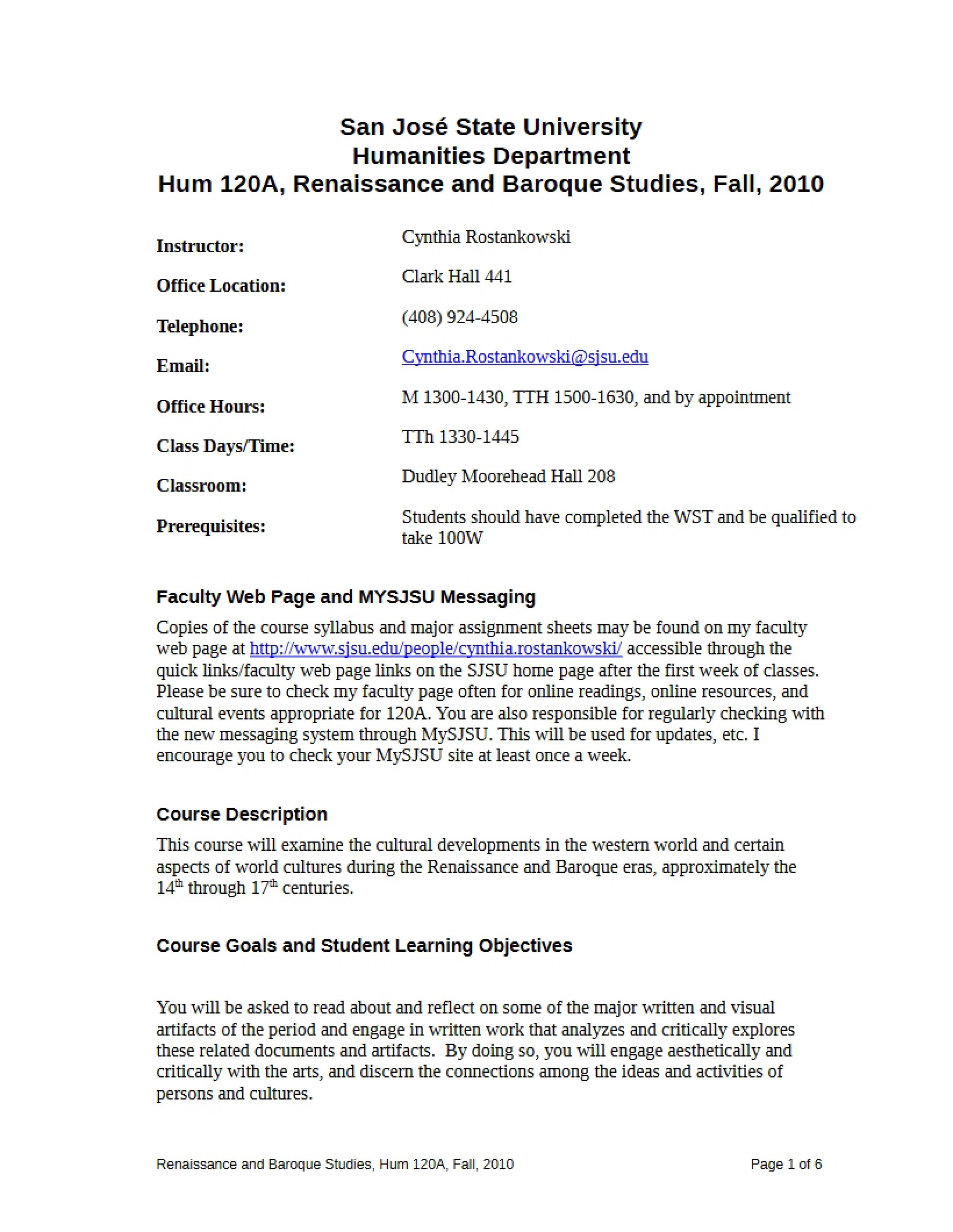 Renaissance and Baroque Studies Syllabus