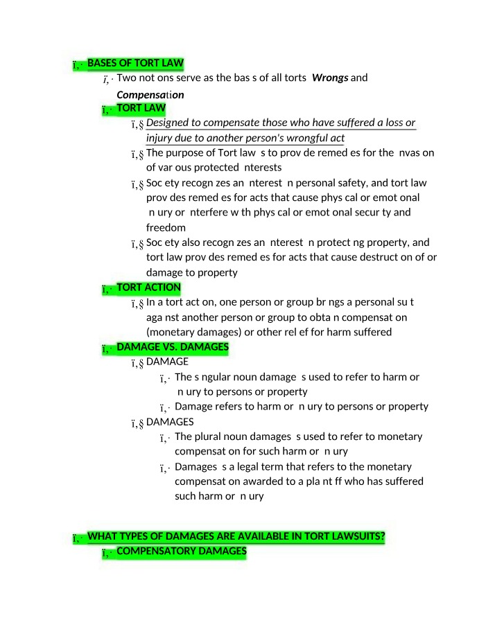 Tort Law - Compensation for Injuries and Wrongs