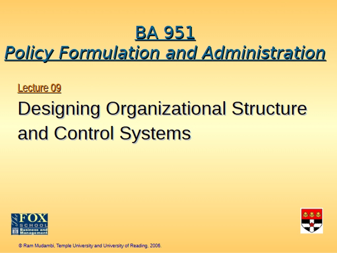 Design of Organizational Structure and Control Systems