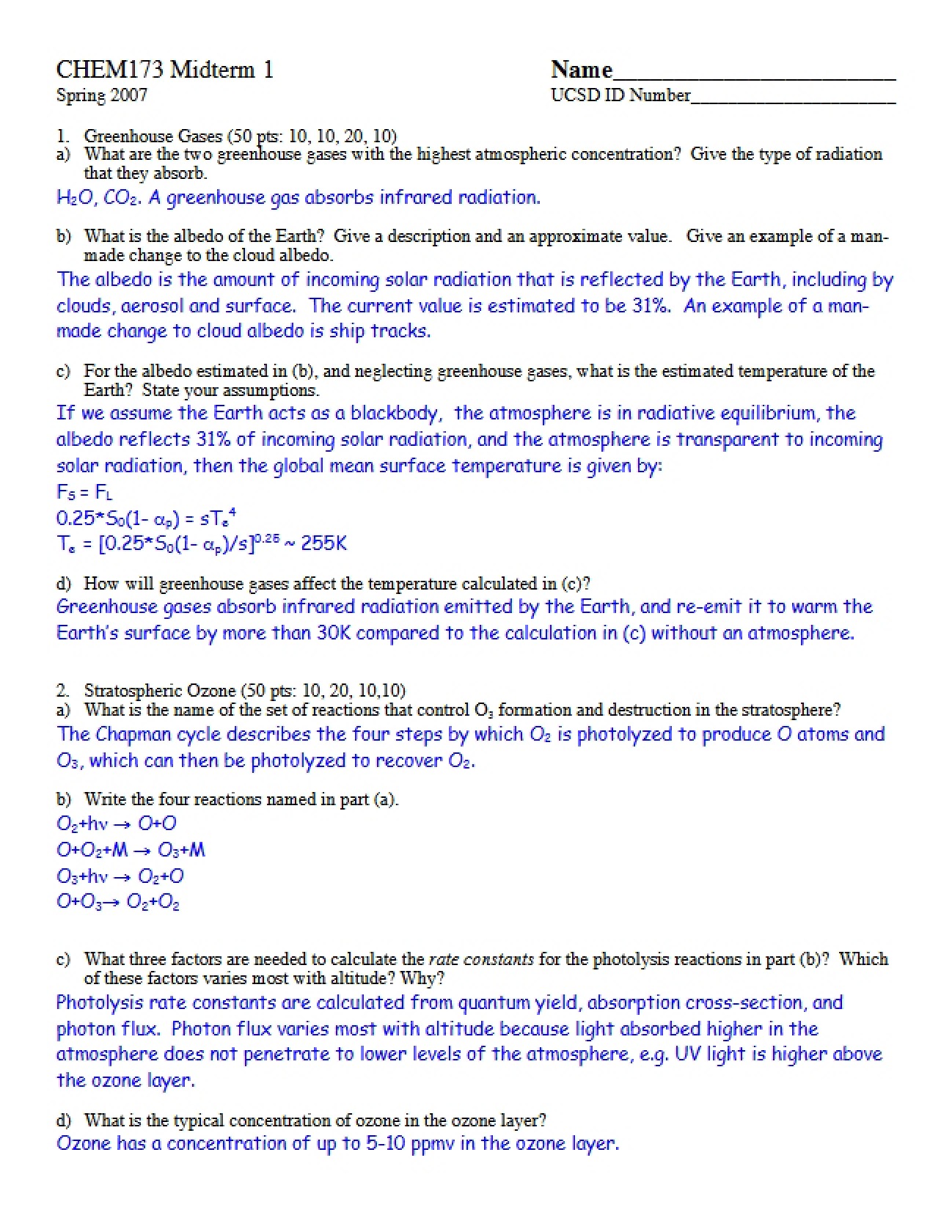 Initial Atmospheric Chemistry Midterm