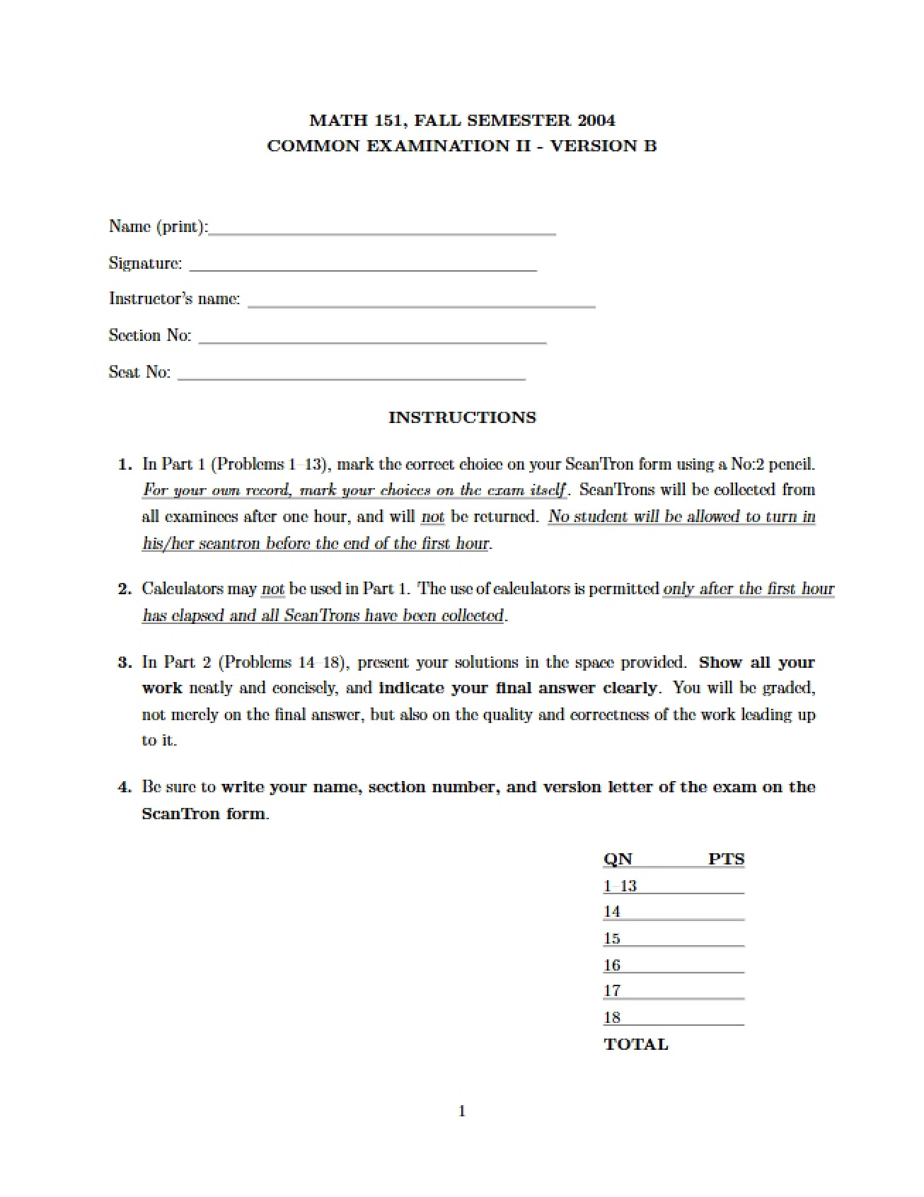 Common Examination Two - Engineering Math I