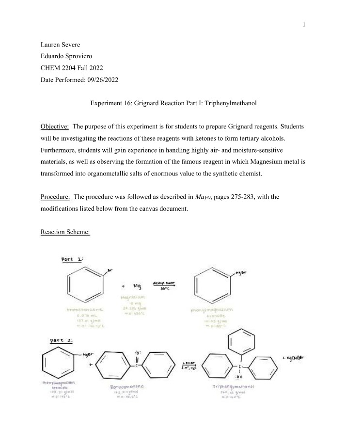 Lab Report - Grignard Reaction Part I Synthesis of Triphenylmethanol