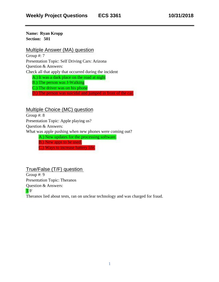 Weekly Project Questions Part B