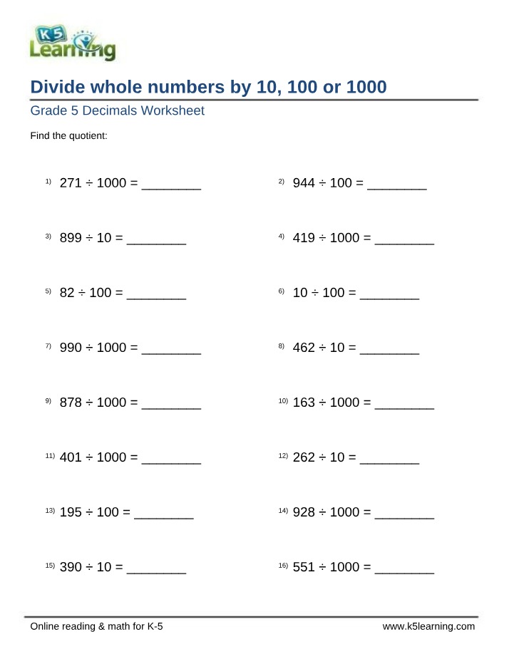 Dividing Whole Numbers by 10, 100, 1000 - Grade 5