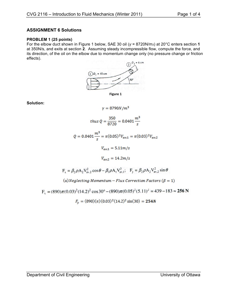 CVG 2116 Fluid Mechanics Assignment 6 Solutions