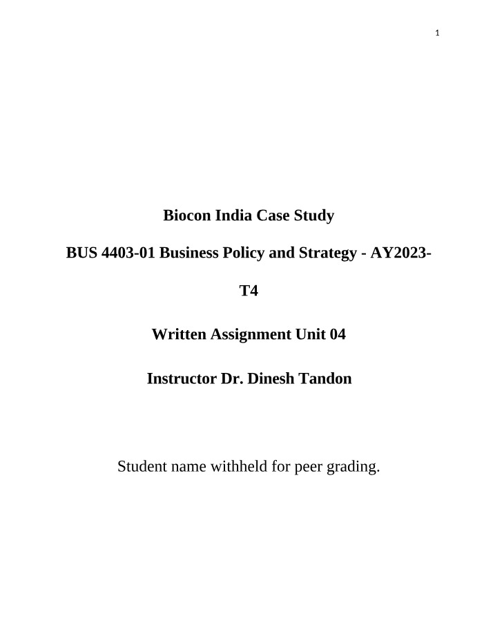 Unit 04 Written Assignment - Biocon India Case Study
