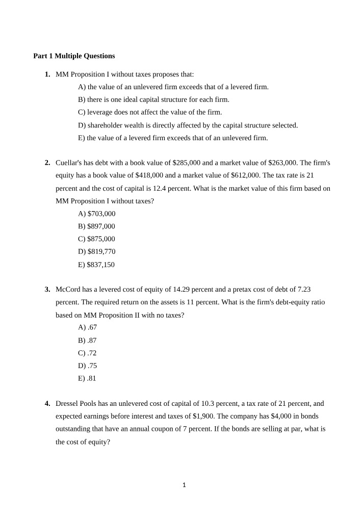 MM Propositions and Debt-Equity Ratios