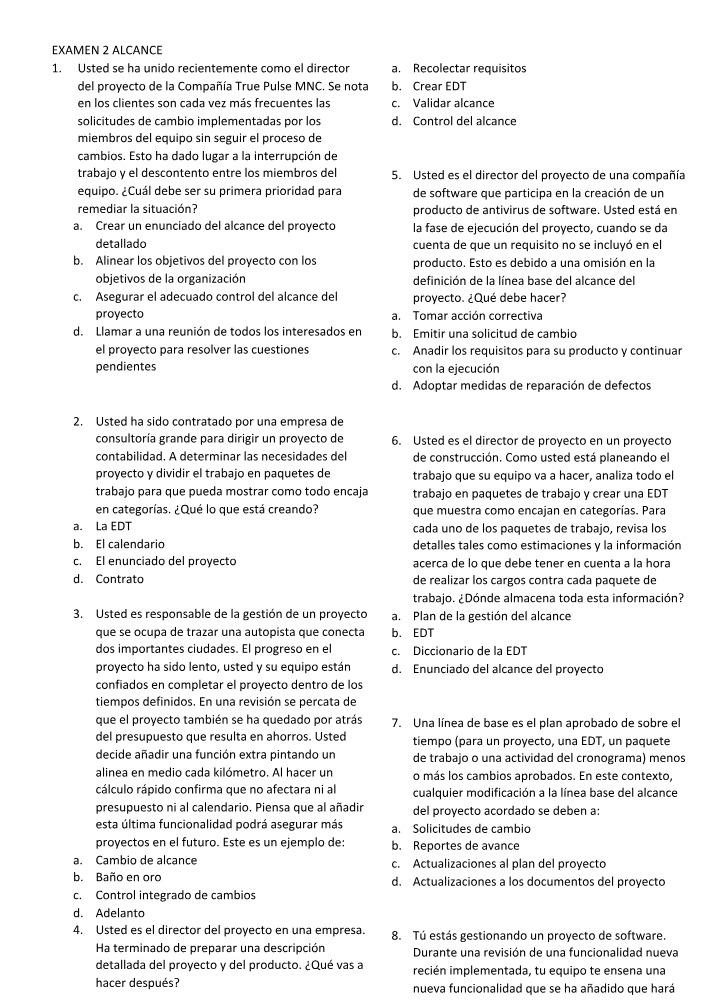 Examen 2 de Gestión de Proyectos - Alcance