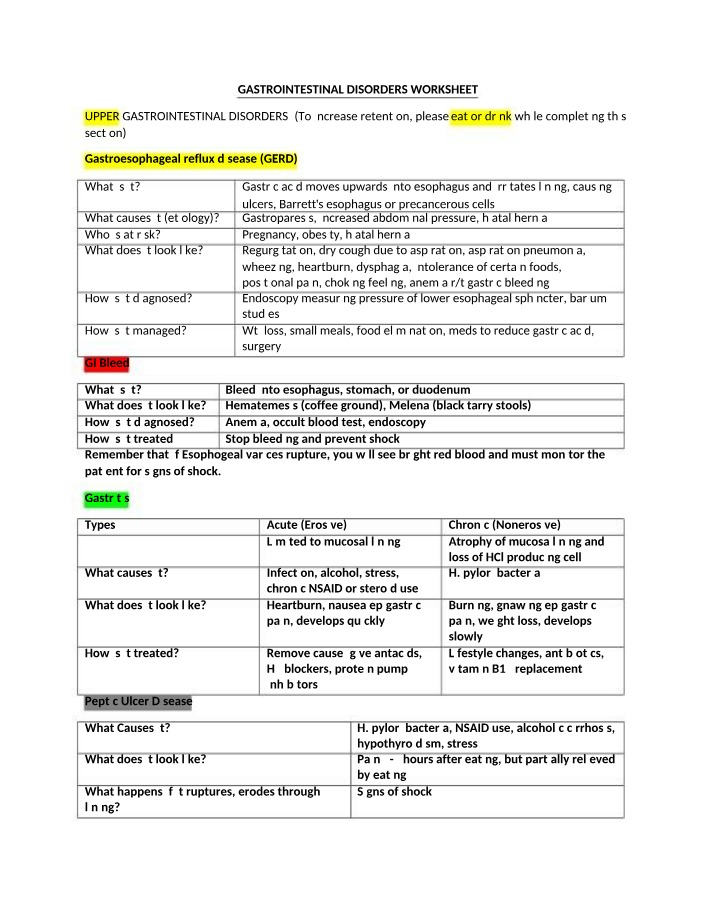 Worksheet on Gastrointestinal Disorders