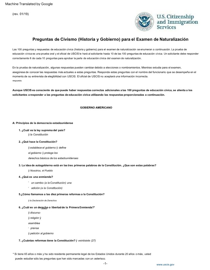 Study Guide - 100 Civics Questions for Naturalization Exam