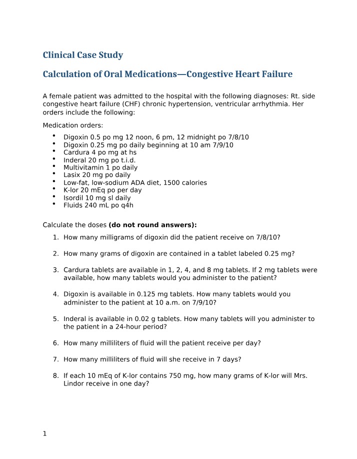 Congestive Heart Failure - Oral Medications Calculation