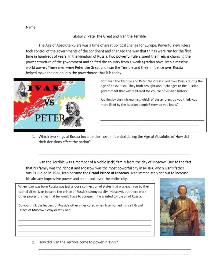 Study Guide for Peter the Great and Ivan the Terrible