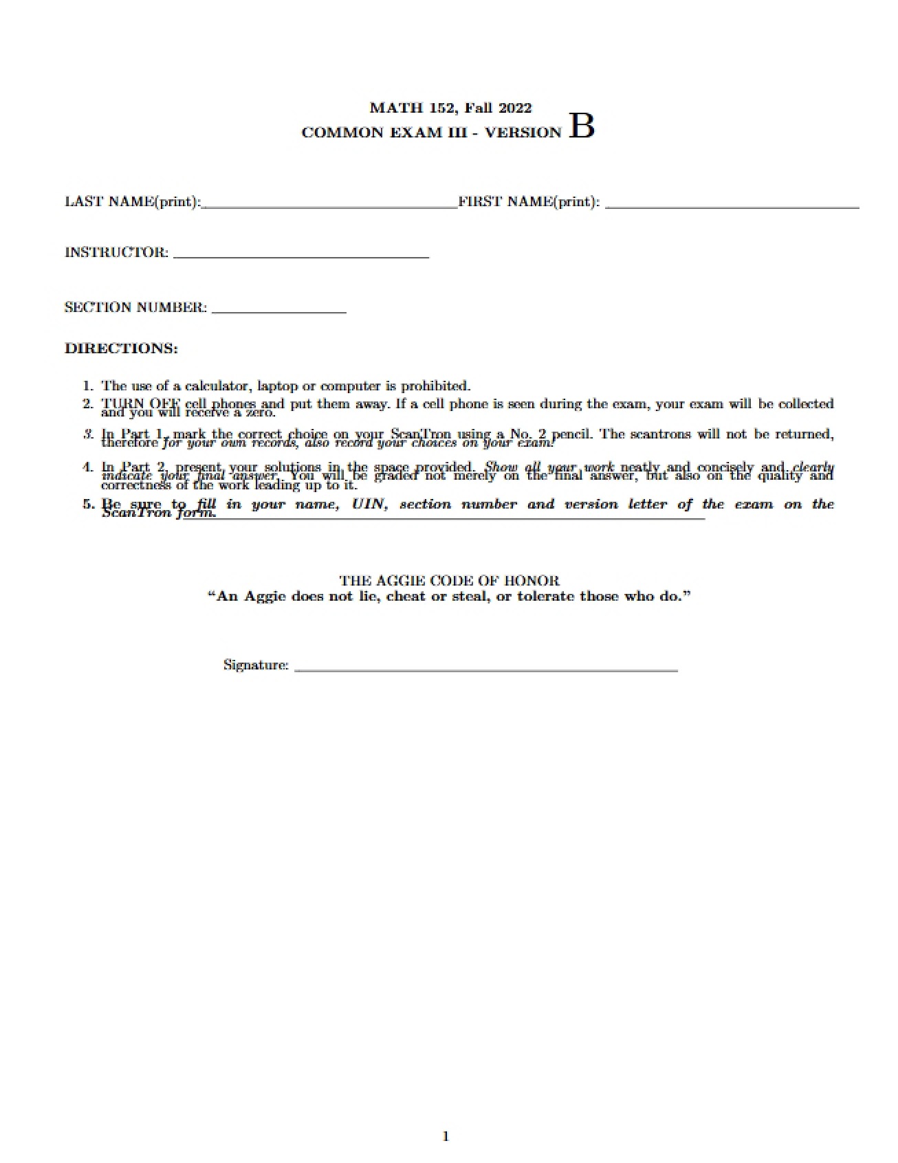 Common Examination Three, Version B