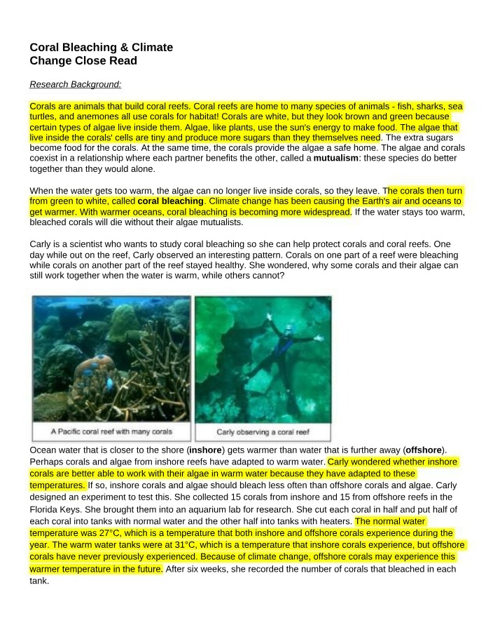 Close Read - Climate Change and Coral Bleaching