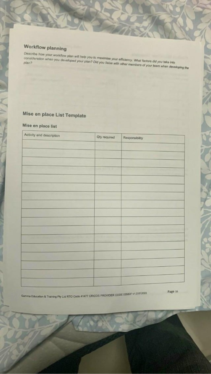 Workflow Planning and Mise en Place - Template
