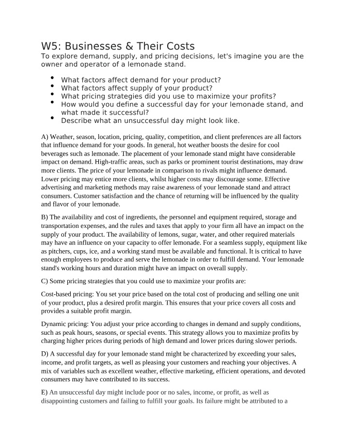 W5 Businesses and Their Costs