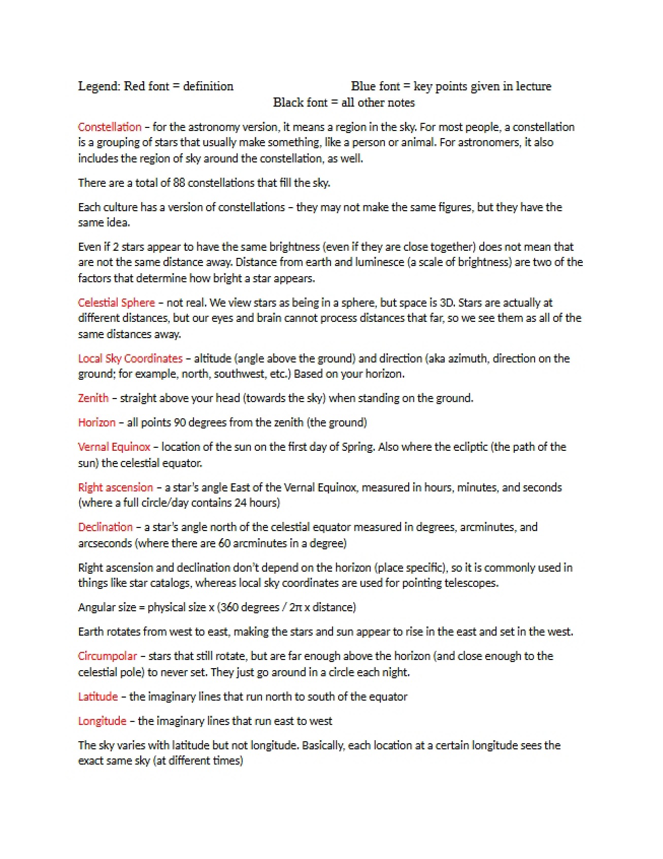 Lecture Notes from January 15th, 2015 in an Astronomy Course