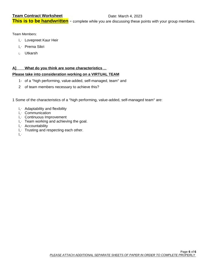 Worksheet for Team Contract