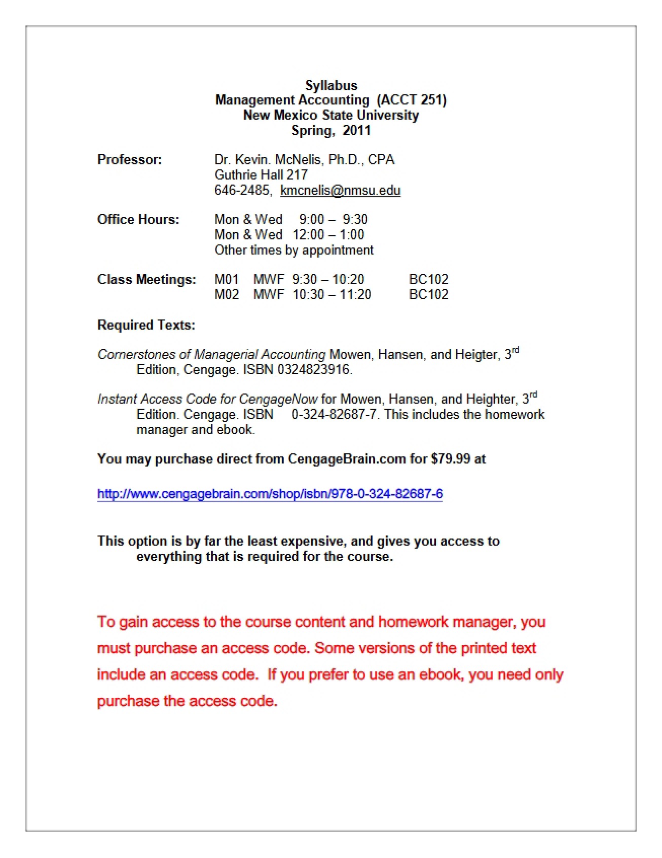 Management Accounting Syllabus - Spring 2011 - Dr. Kevin McNelis