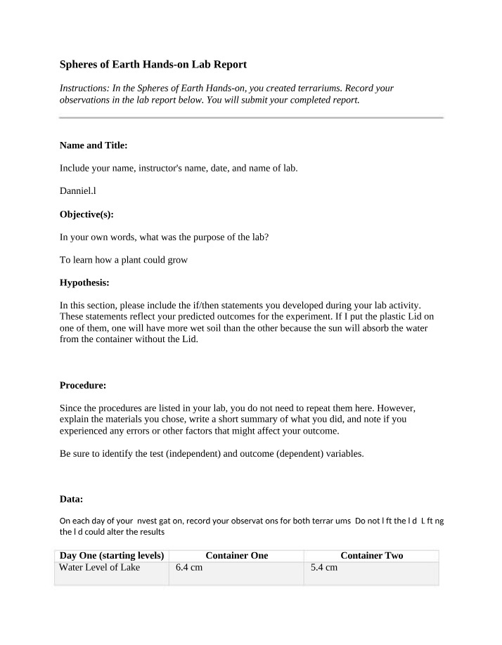 Spheres of Earth Lab Report - Observations, Analysis, and Conclusion