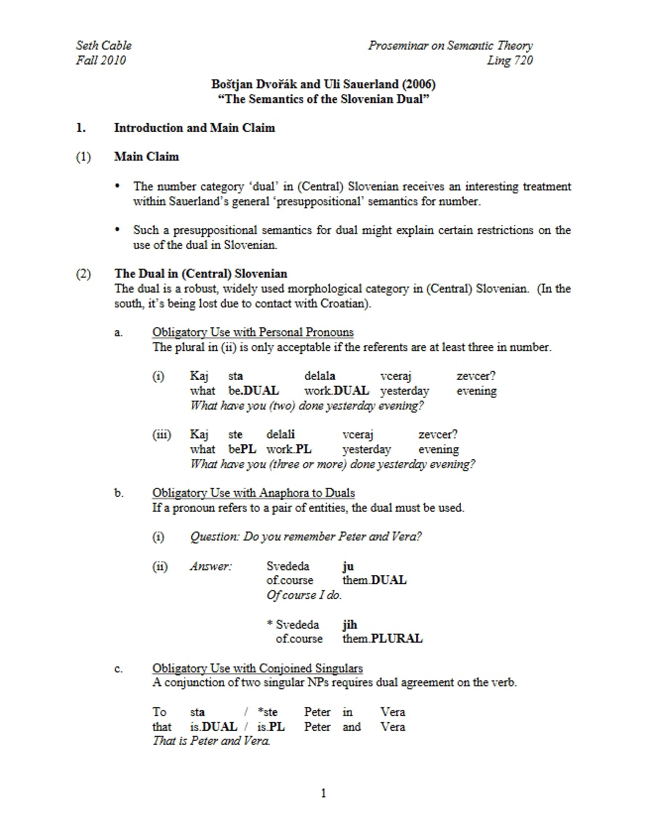 Sauerland and Dvorak Semantics of Slovenian Dual