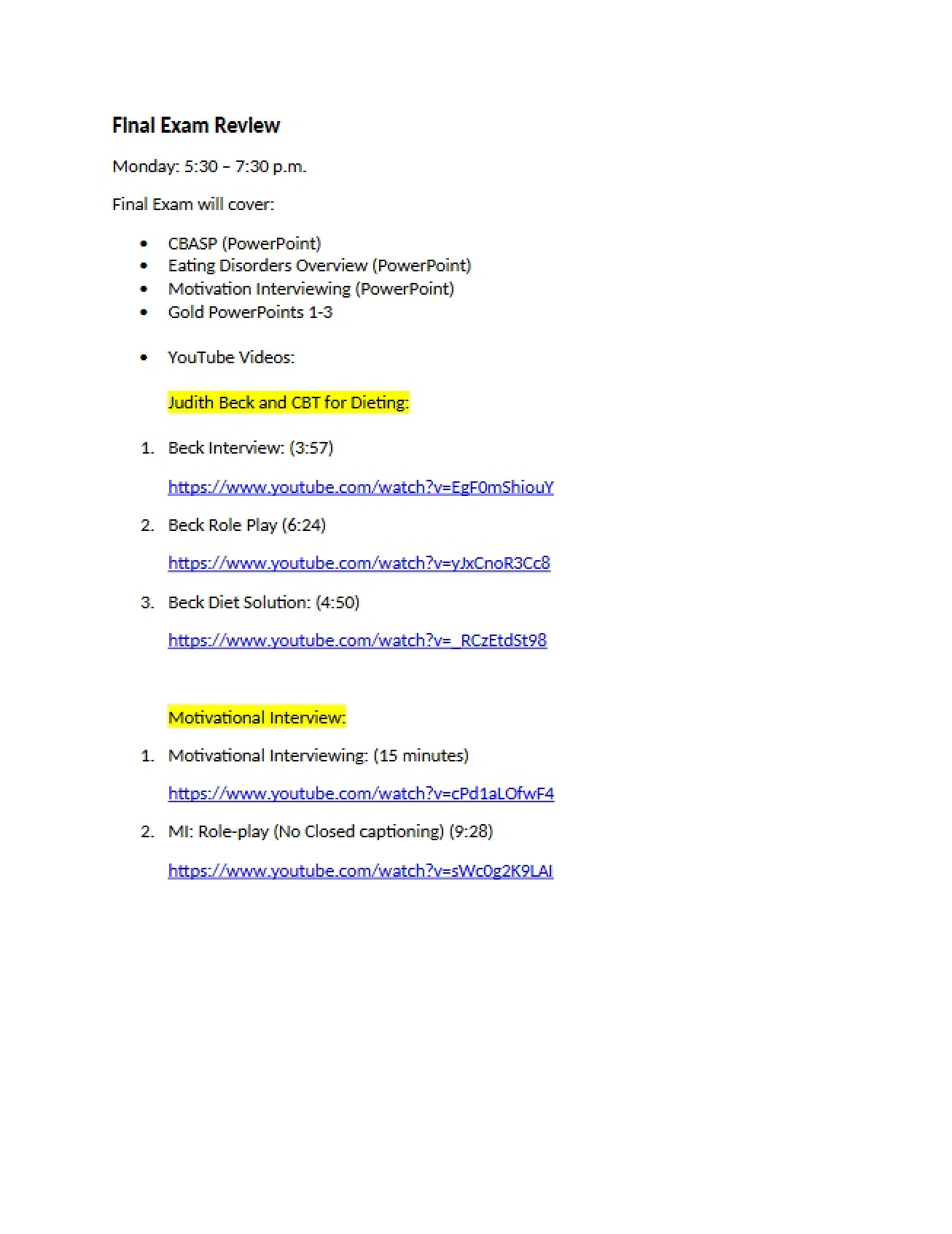 Final Exam Review Materials