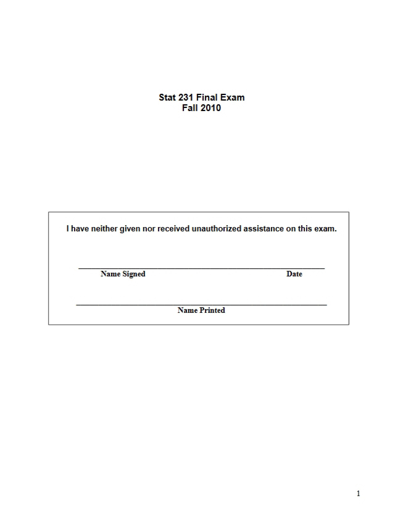 Final Test from the 2010 Probability and Statistics Course
