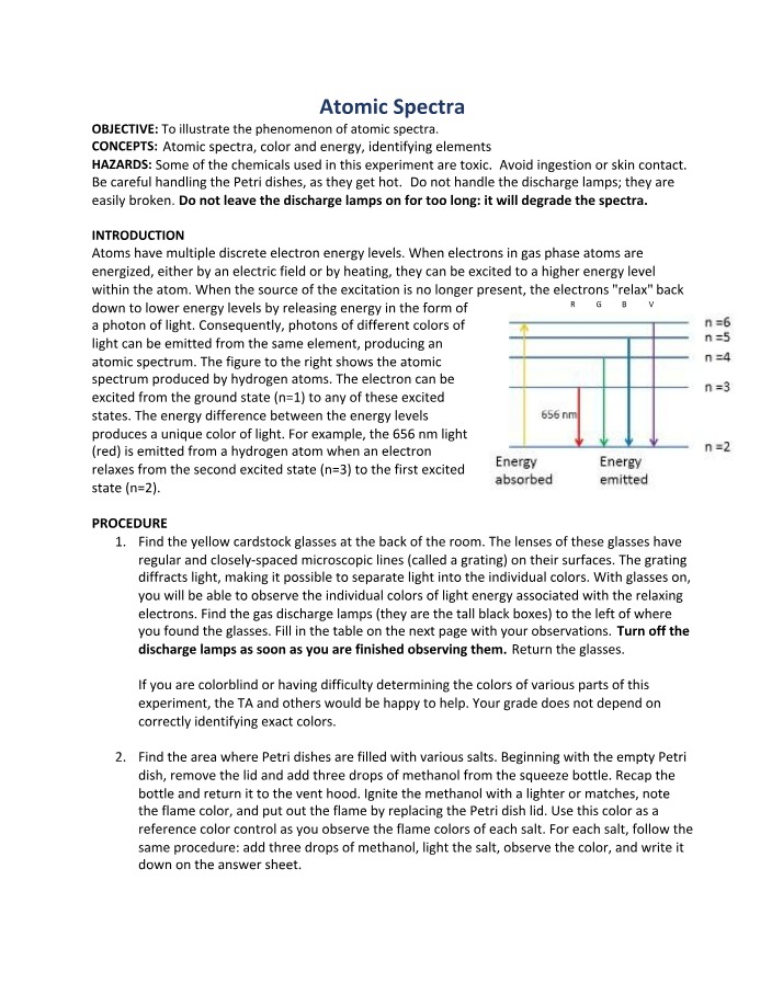 Lab Report and Answer Sheet for Atomic Spectra