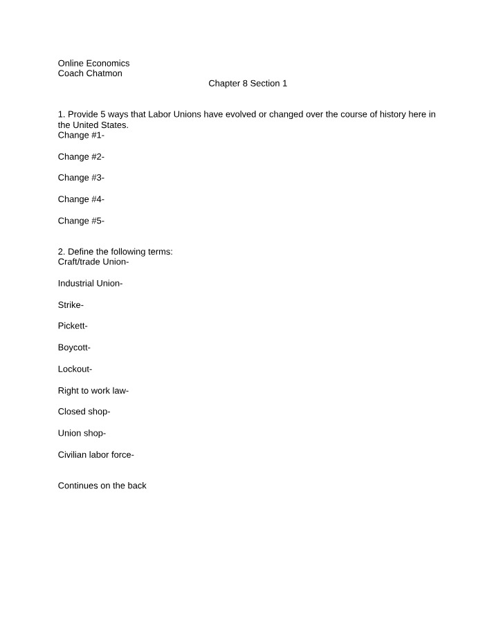 Economics Worksheet 8-1