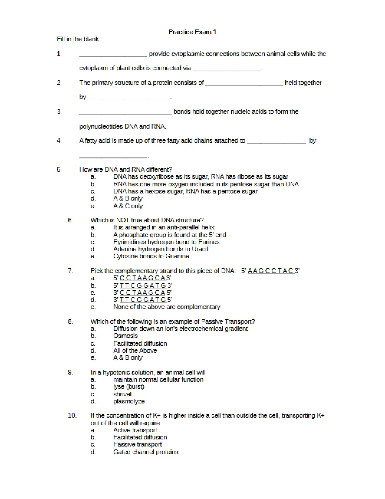 Sample Test for Principles of Biology II