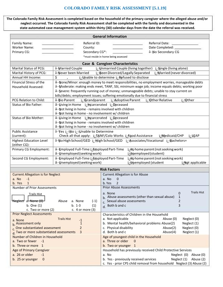 Understanding Household - Colorado Family Risk Assessment