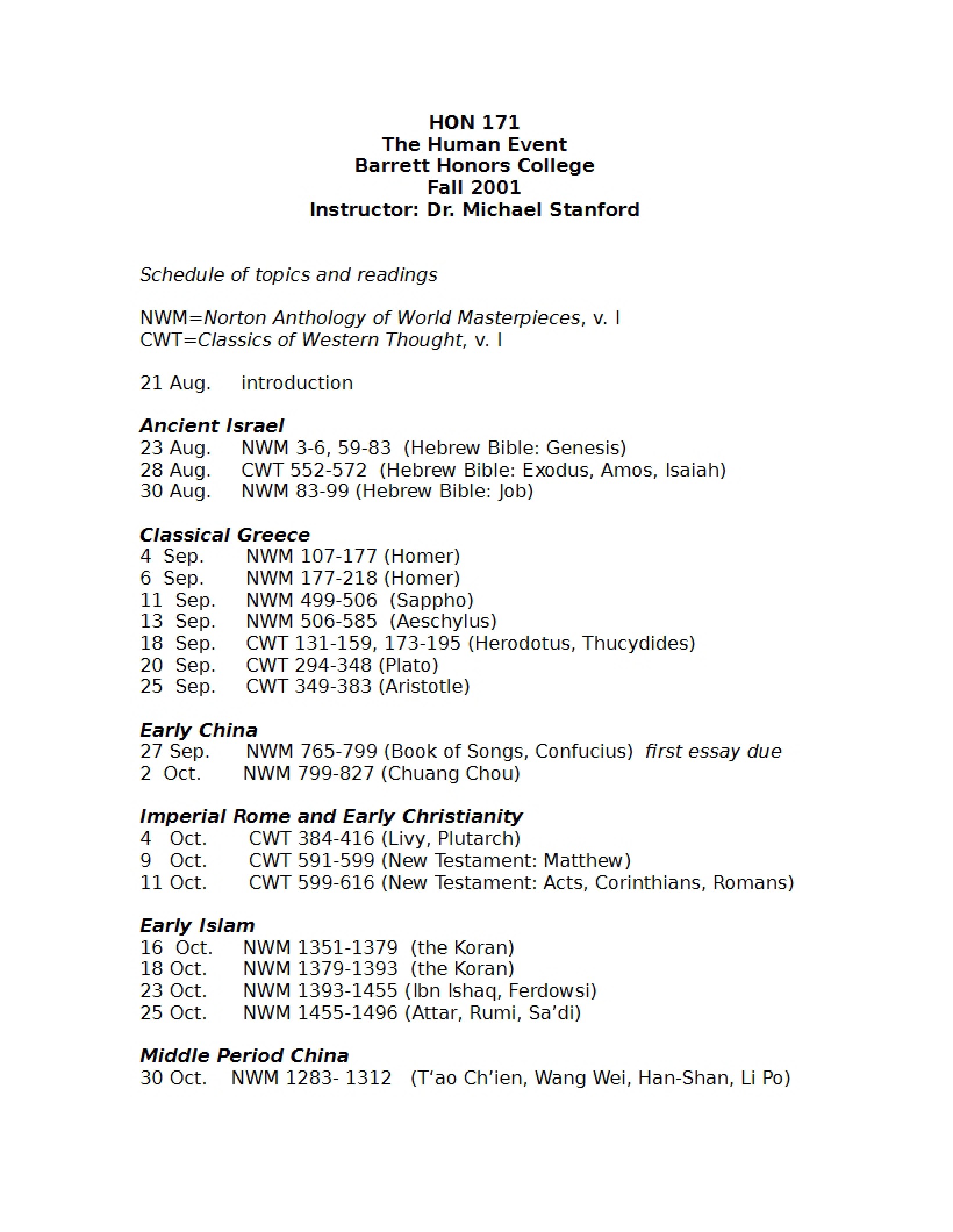 Human Event Course Outline
