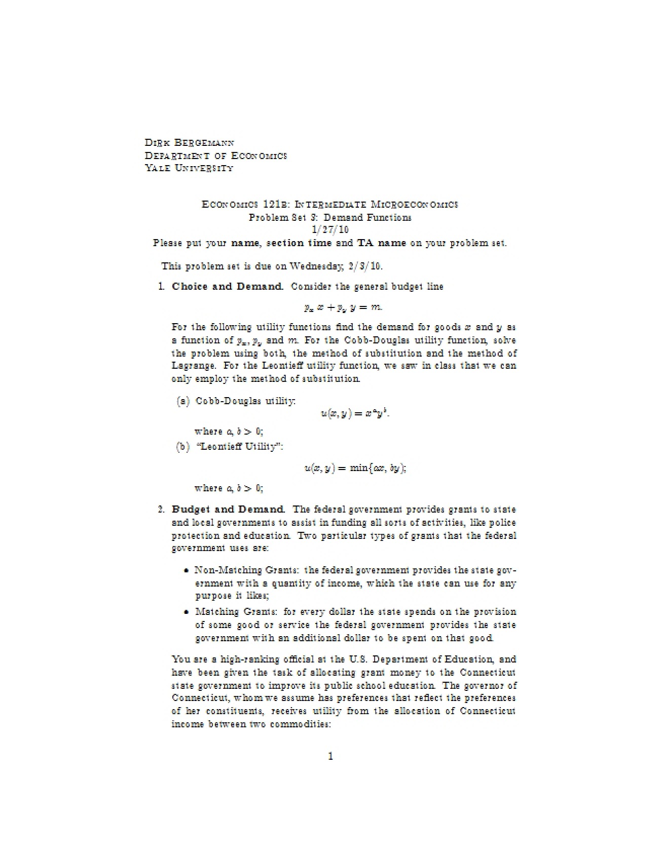 Problem Set 3 Demand Functions