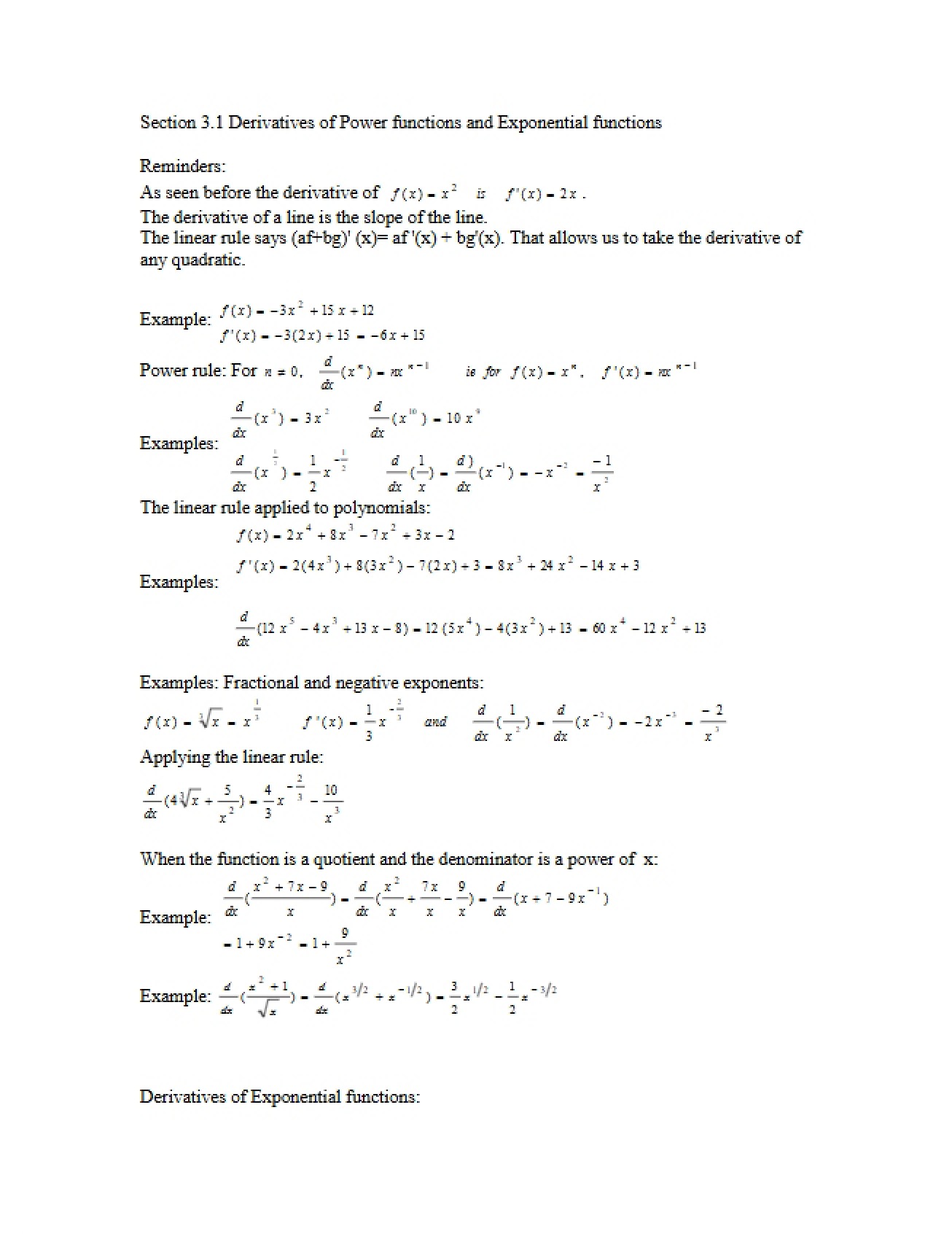 Section 3.1 Notes for Math 131