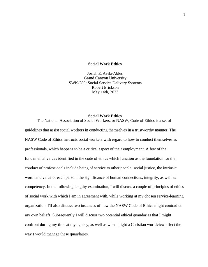 Social Work Ethics - Principles, Values, and Quandaries