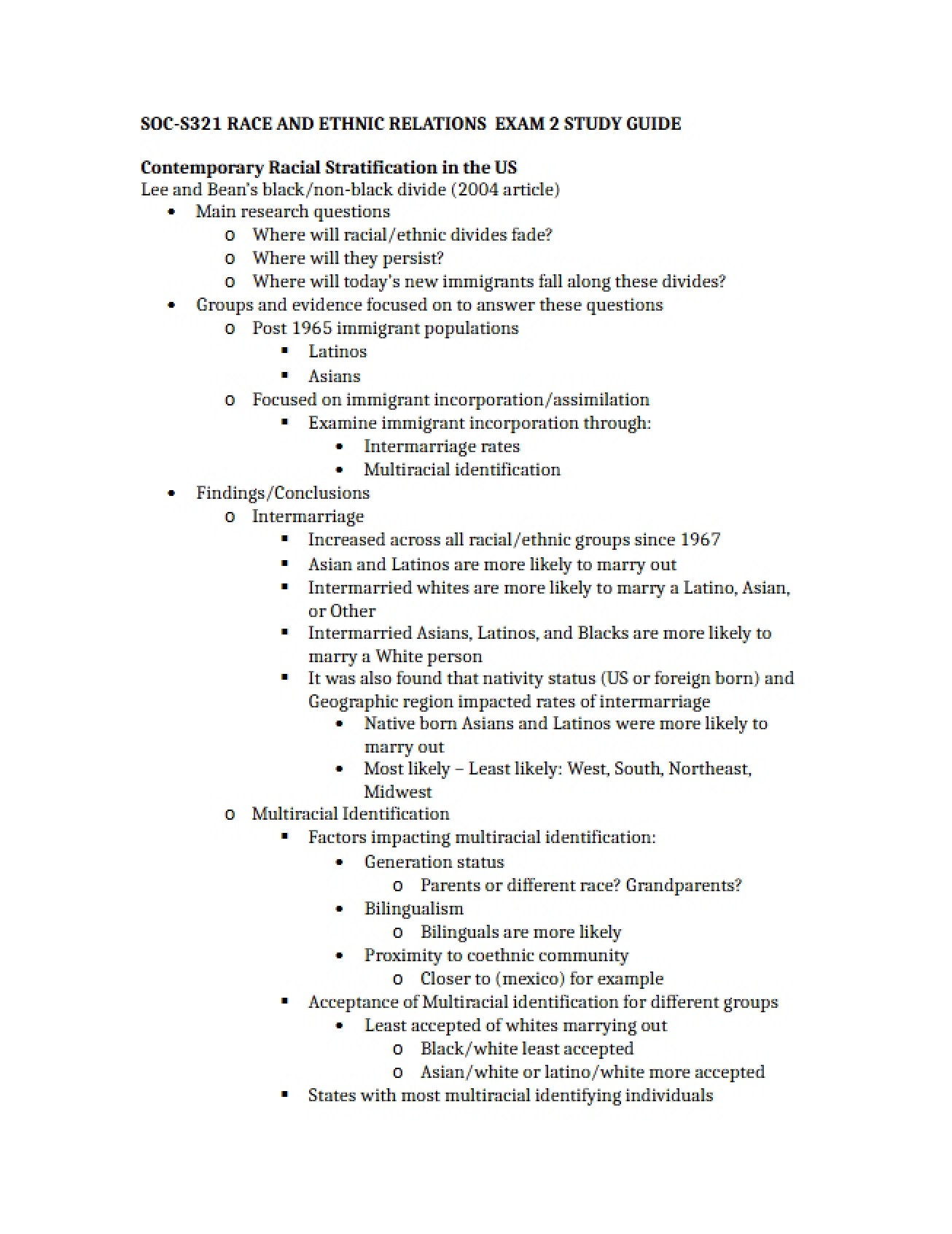Exam Two for SOC-S 335