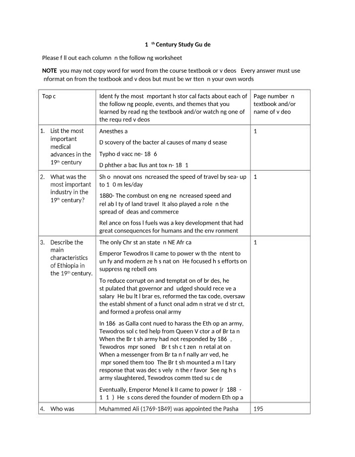 Study Guide for 19th Century