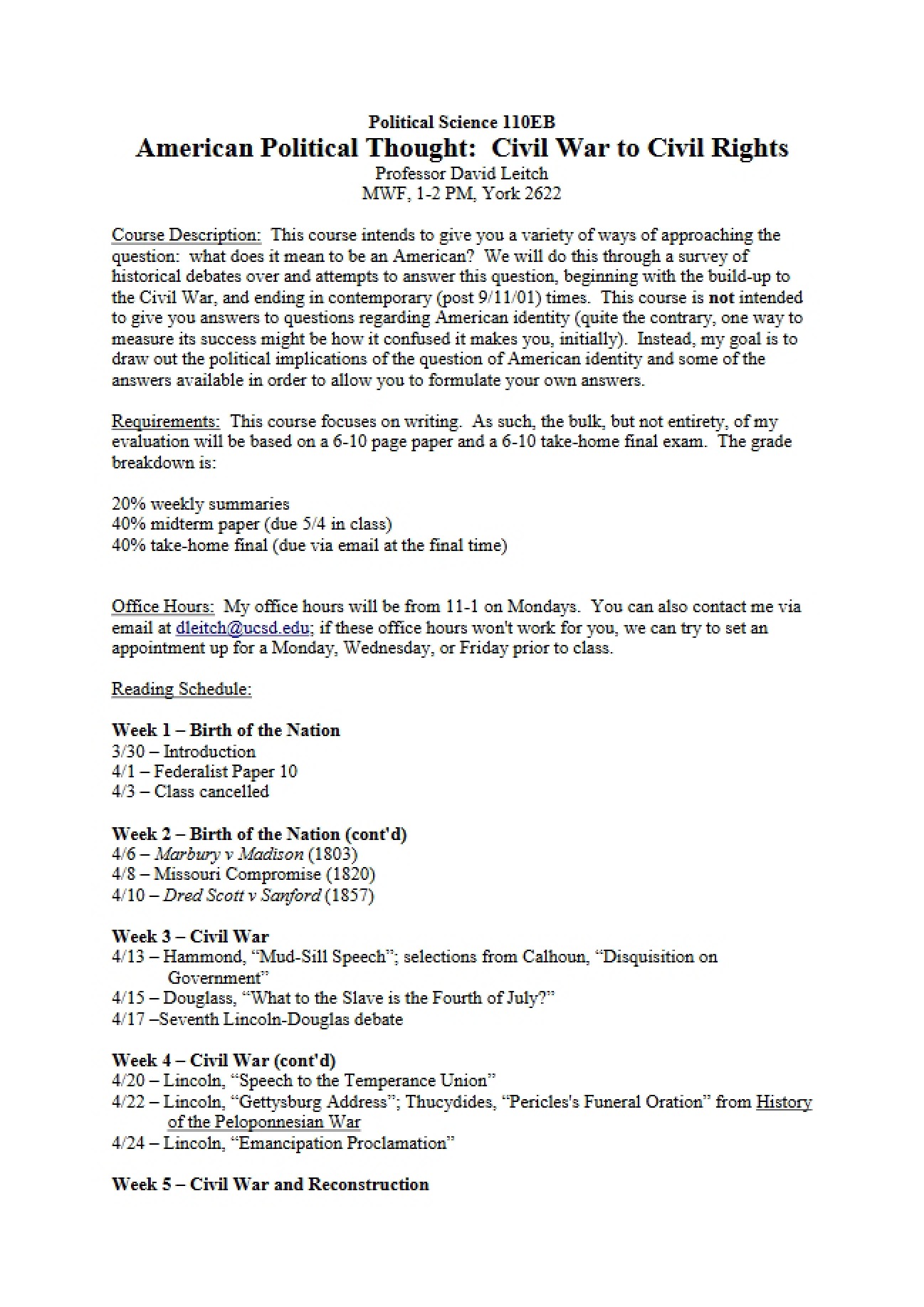 US Political Thought: Civil War to Civil Rights Plan