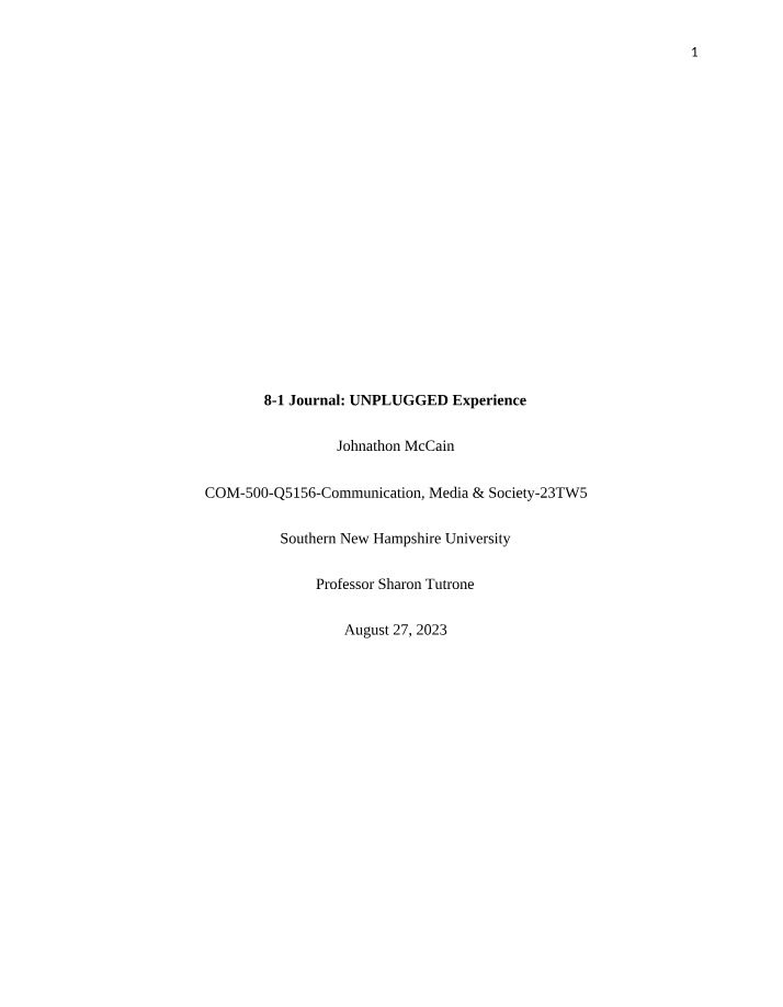 8-1 Journal - UNPLUGGED Experience