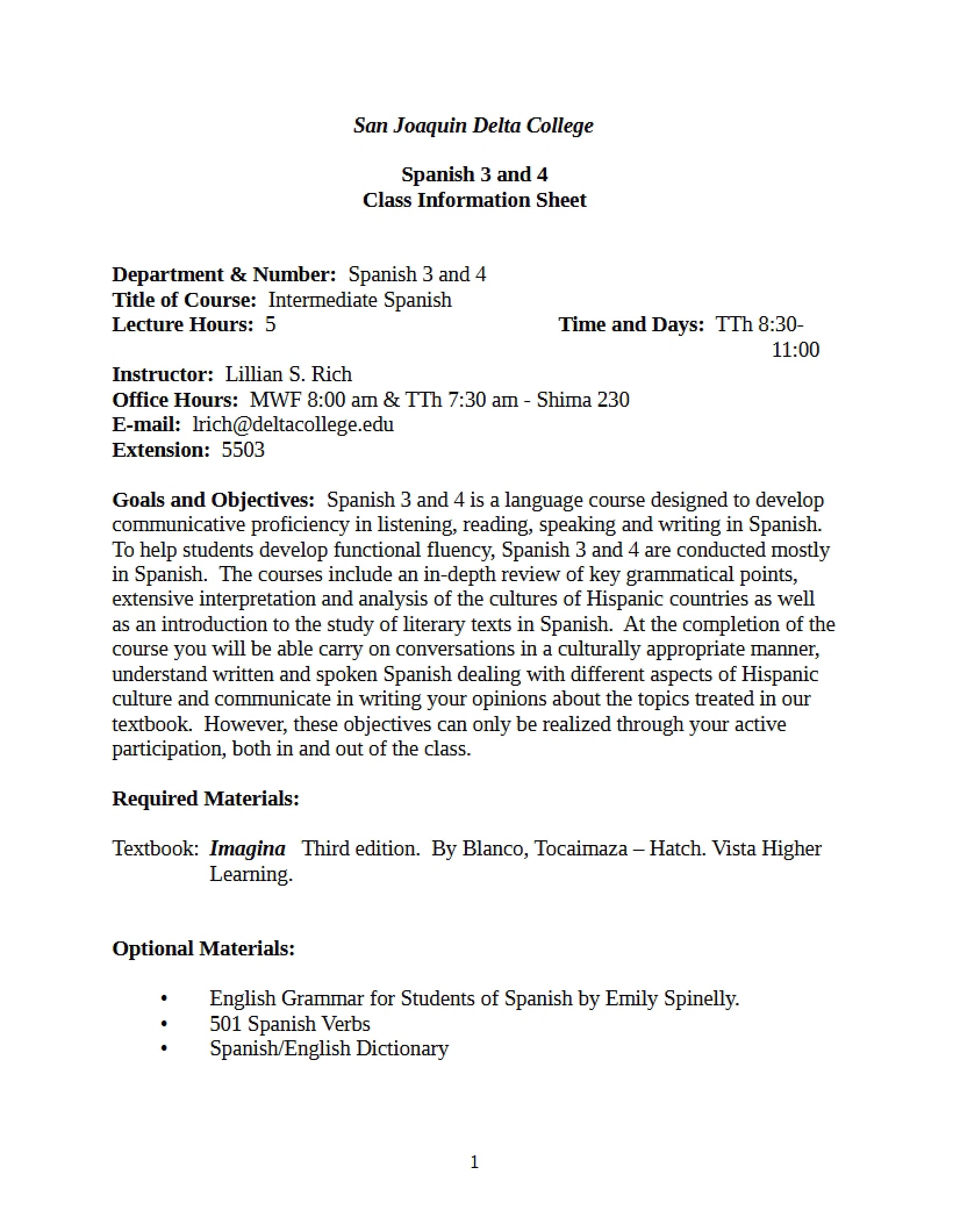 Class Information Spanish 3